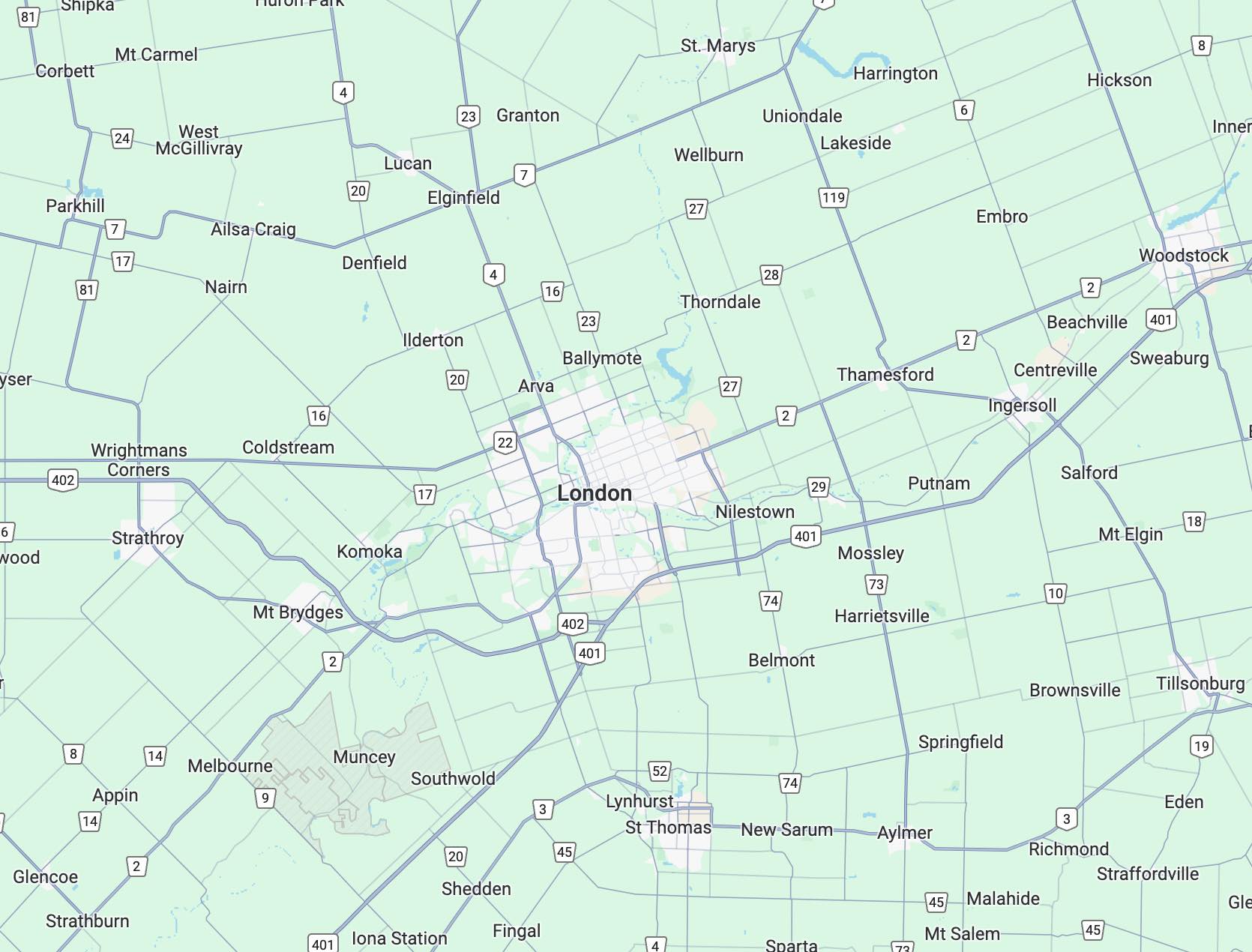 map of St Thomas Ontario and surrounding cities